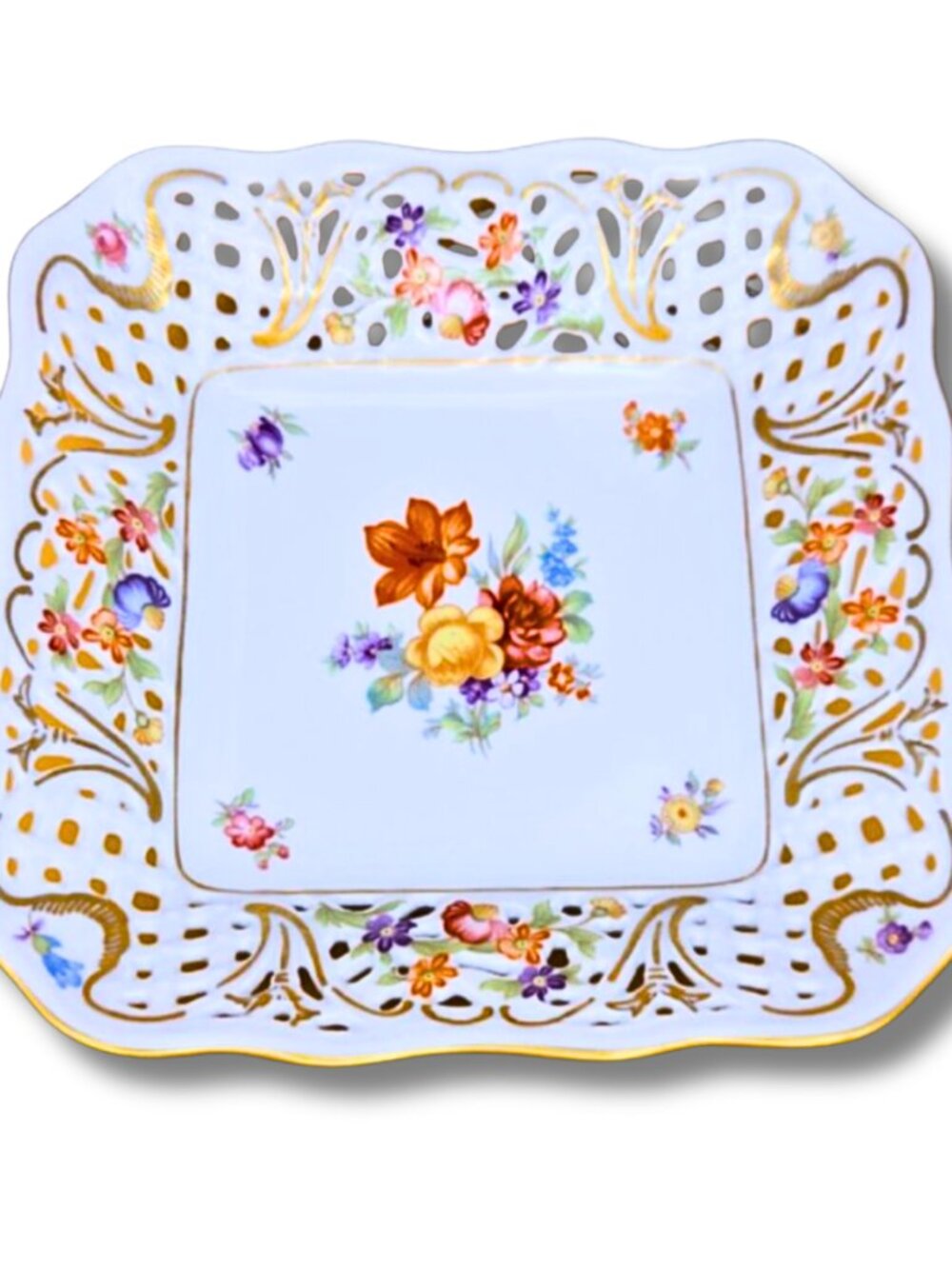 Vintage Schumann German Castle Reticulated Square Chateau Dresden Floral Dish
